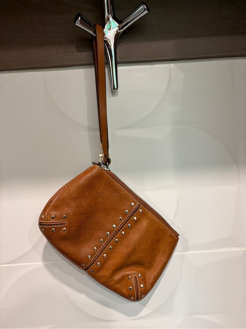 Michael Kors Women’s Leather Wristlet Bag in brown with silver Stud Detail